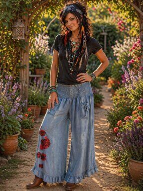 Light Blue Floral-Accent Wide Leg Smocked Waist Pants